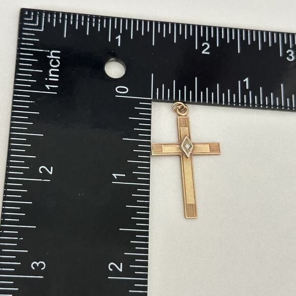 Vintage 14K Yellow Gold Diamond Etched Cross Religious Charm Pendant - Picture 7 of 12